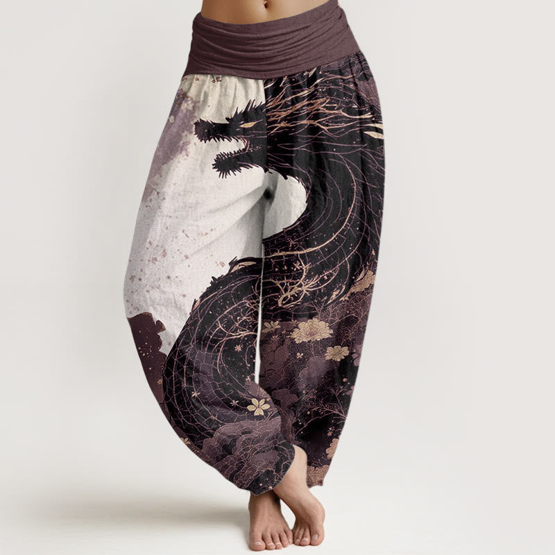Pantalones Buddha Stones de algodón puro con estampado de dragón y árbol antiguo para mujer, cintura elástica