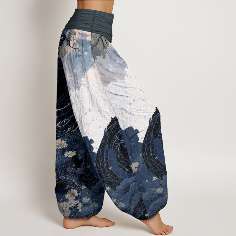 Pantalones Buddha Stones de algodón puro con estampado de dragón y árbol antiguo para mujer, cintura elástica