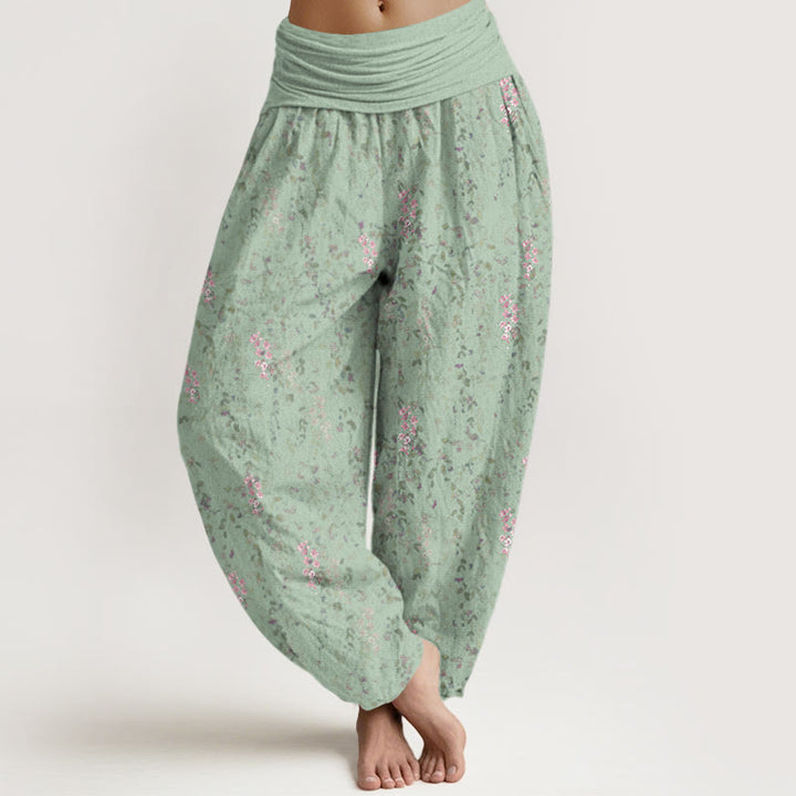 Pantalones bombachos de mujer con cintura elástica, estampado de pequeñas flores y algodón con Buddha Stones. - Aguamarina medio - US22，UK/AU26，EU54 (6XL) - image 0