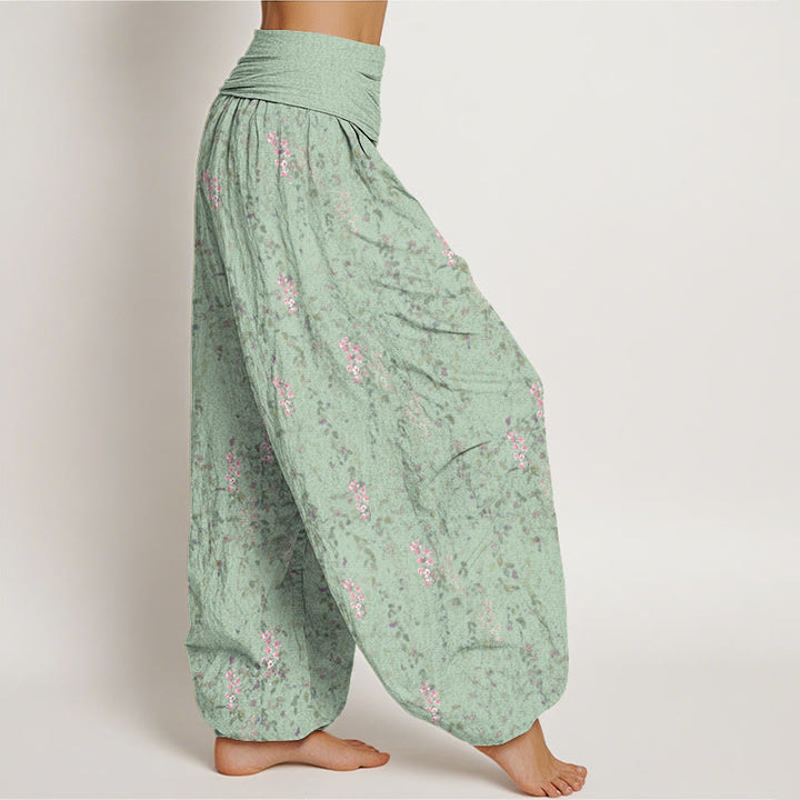 Pantalones bombachos de mujer con cintura elástica, estampado de pequeñas flores y algodón con Buddha Stones. - image 1