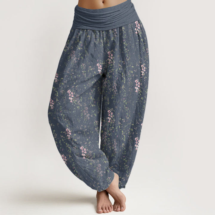 Pantalones bombachos de mujer con cintura elástica, estampado de pequeñas flores y algodón con Buddha Stones. - Azul acero - US22，UK/AU26，EU54 (6XL) - image 4
