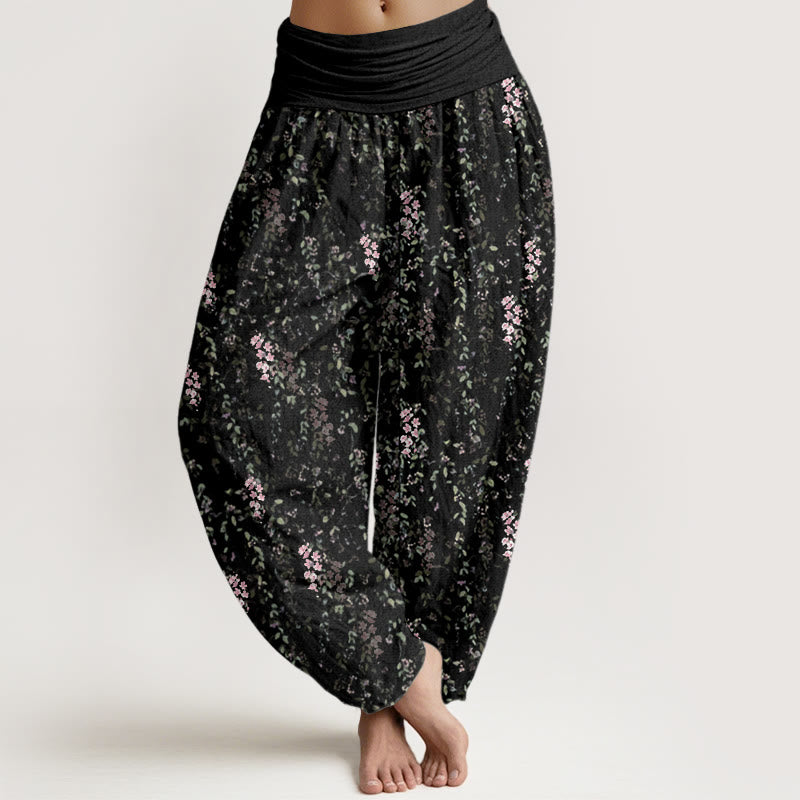 Pantalones bombachos de mujer con cintura elástica, estampado de pequeñas flores y algodón con Buddha Stones. - Negro - US22，UK/AU26，EU54 (6XL) - image 7