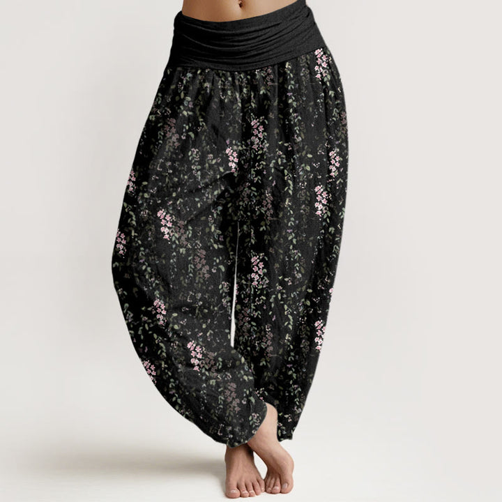 Pantalones bombachos de mujer con cintura elástica, estampado de pequeñas flores y algodón con Buddha Stones. - Negro - US22，UK/AU26，EU54 (6XL) - image 7
