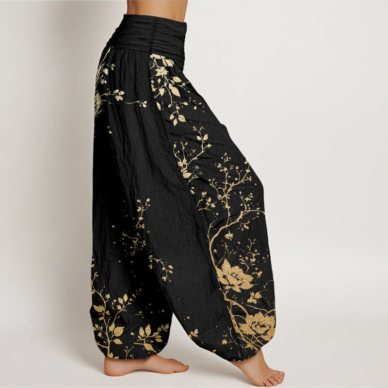 Pantalones harén de algodón puro con estampado de hojas y flores de dragón para mujer, cintura elástica, estilo casual, Buddha Stones