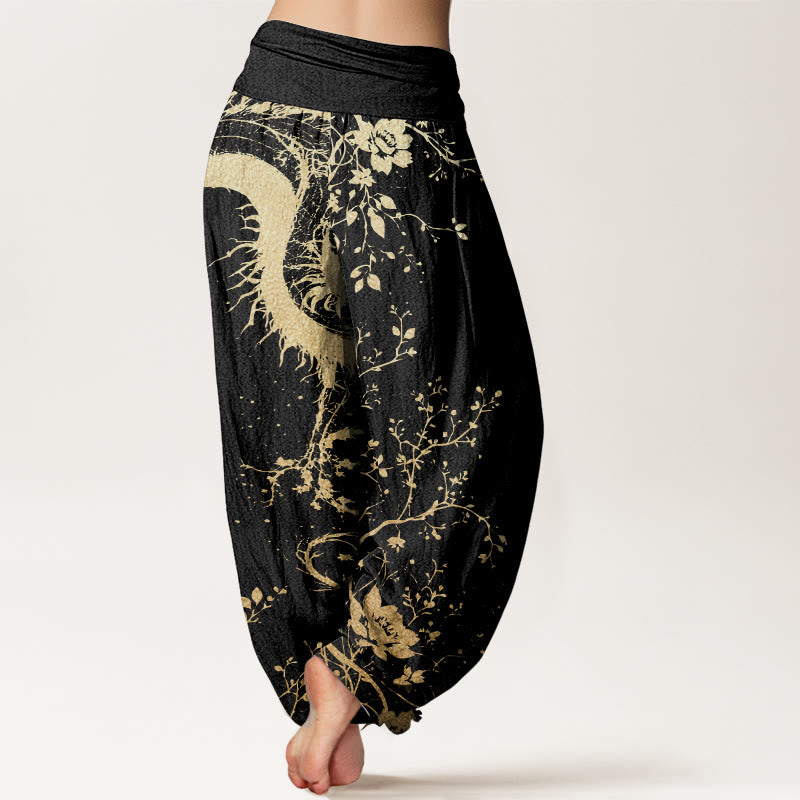 Pantalones harén de algodón puro con estampado de hojas y flores de dragón para mujer, cintura elástica, estilo casual, Buddha Stones - image 1