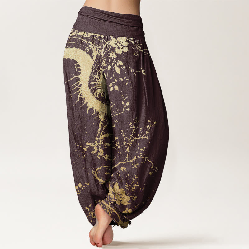 Pantalones harén de algodón puro con estampado de hojas y flores de dragón para mujer, cintura elástica, estilo casual, Buddha Stones