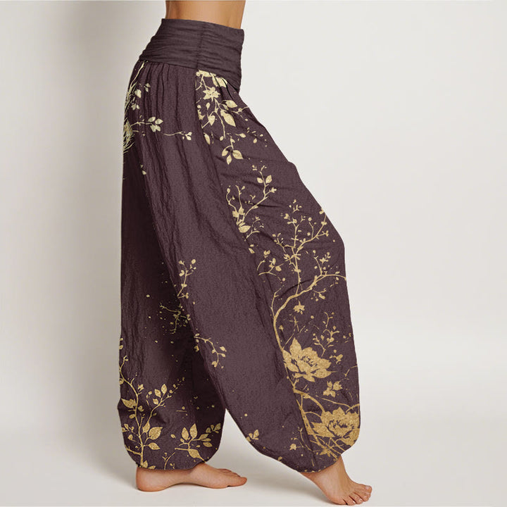 Pantalones harén de algodón puro con estampado de hojas y flores de dragón para mujer, cintura elástica, estilo casual, Buddha Stones - image 8