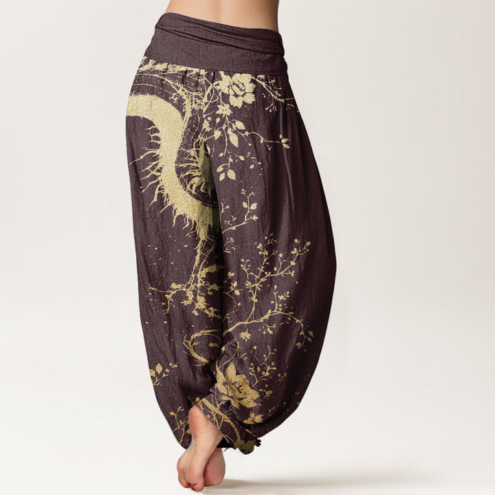 Pantalones harén de algodón puro con estampado de hojas y flores de dragón para mujer, cintura elástica, estilo casual, Buddha Stones - image 7