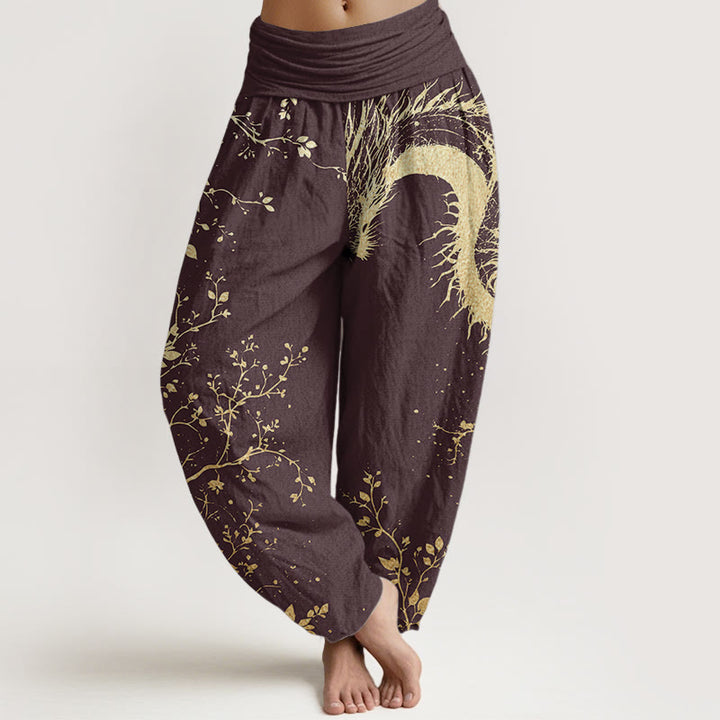 Pantalones harén de algodón puro con estampado de hojas y flores de dragón para mujer, cintura elástica, estilo casual, Buddha Stones - Granate - US22，UK/AU26，EU54 (6XL) - image 6