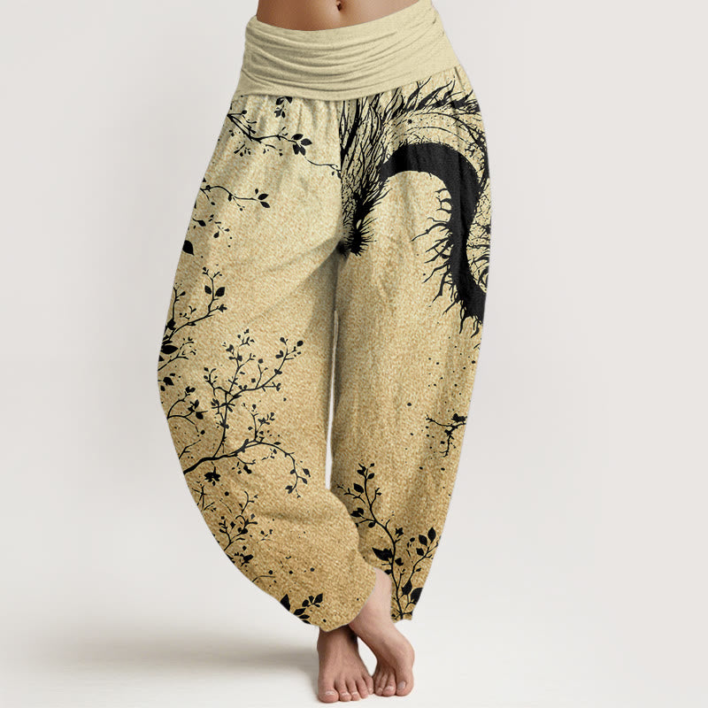 Pantalones harén de algodón puro con estampado de hojas y flores de dragón para mujer, cintura elástica, estilo casual, Buddha Stones - Caqui - US22，UK/AU26，EU54 (6XL) - image 9