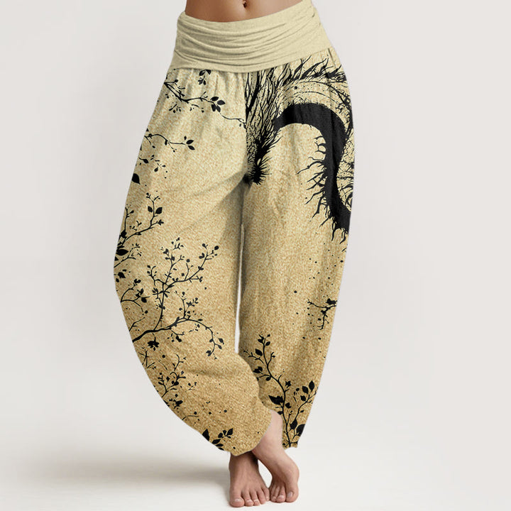 Pantalones harén de algodón puro con estampado de hojas y flores de dragón para mujer, cintura elástica, estilo casual, Buddha Stones - Caqui - US22，UK/AU26，EU54 (6XL) - image 9