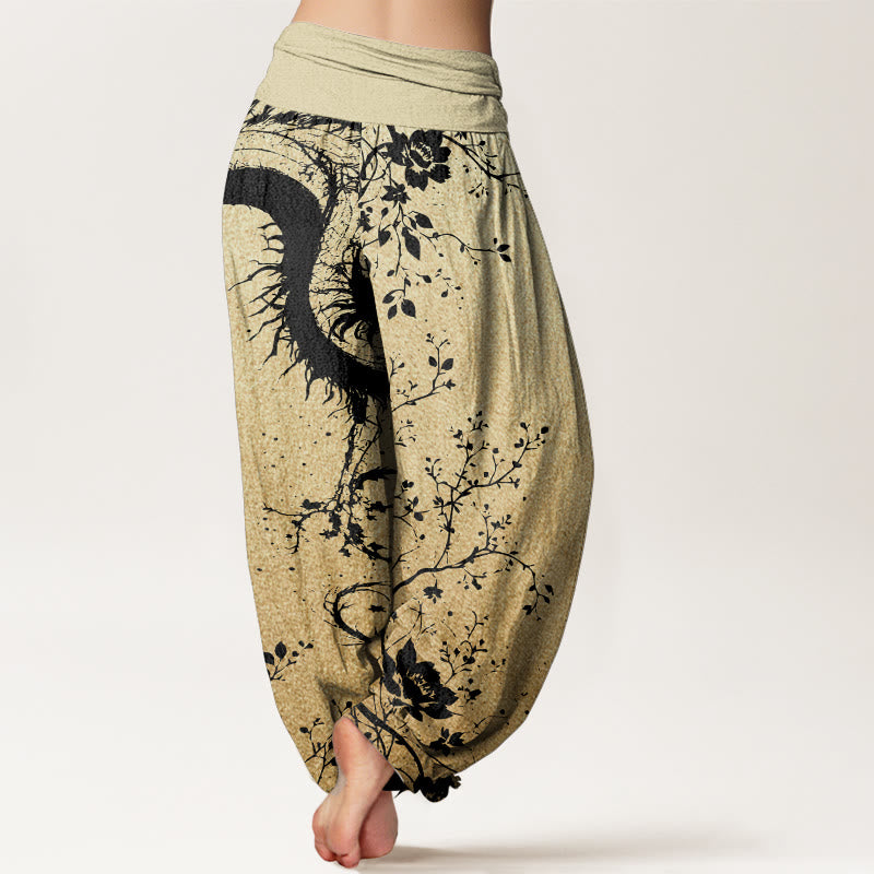 Pantalones harén de algodón puro con estampado de hojas y flores de dragón para mujer, cintura elástica, estilo casual, Buddha Stones