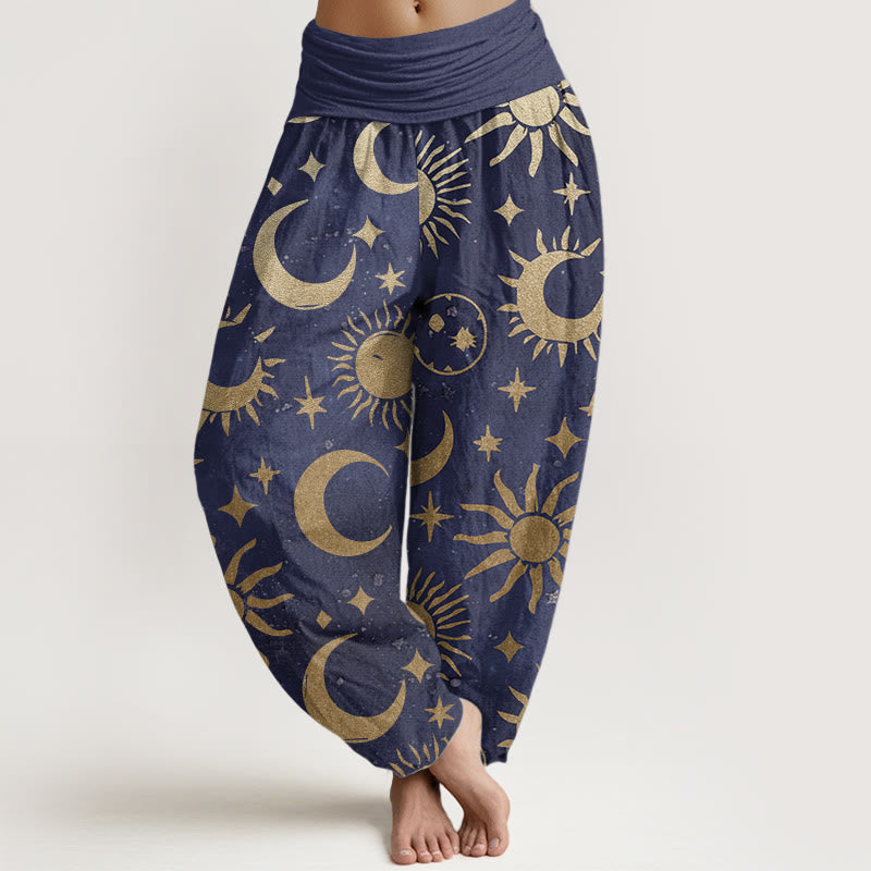 Pantalones Buddha Stones de algodón puro con diseño de luna creciente, sol y estrellas para mujer, con cintura elástica - Azul pizarra - US22，UK/AU26，EU54 (6XL) - image 6