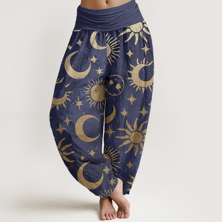 Pantalones Buddha Stones de algodón puro con diseño de luna creciente, sol y estrellas para mujer, con cintura elástica - Azul pizarra - US22，UK/AU26，EU54 (6XL) - image 6
