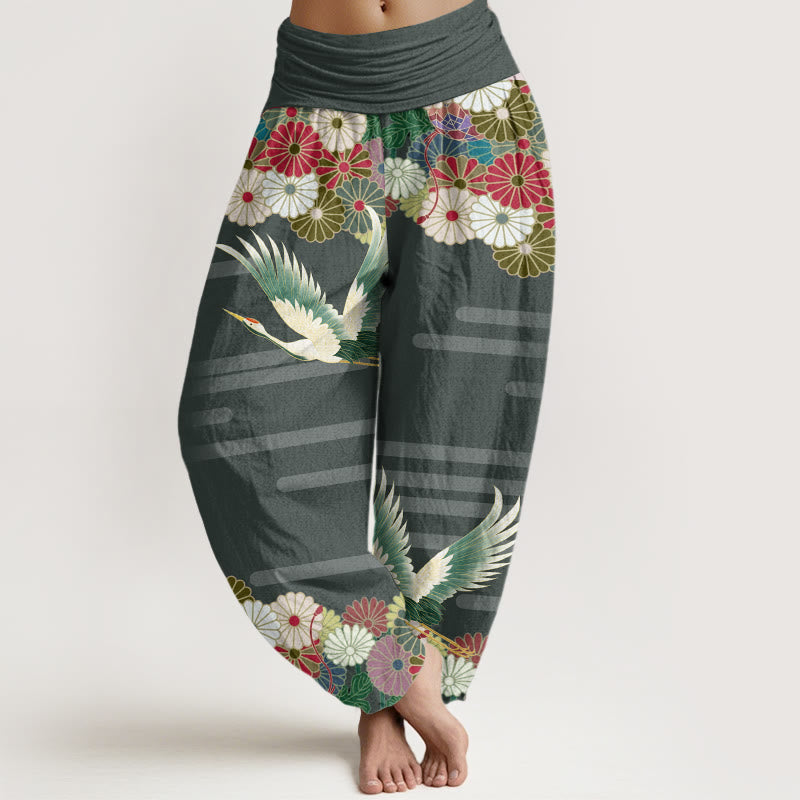 Pantalones bombachos de cintura elástica para mujer, de algodón, estilo informal, con estampado de grullas y crisantemos , de Buddha Stones. - Verdemar - US22，UK/AU26，EU54 (6XL) - image 4