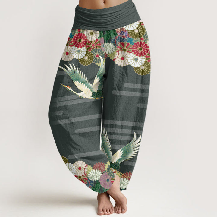 Pantalones bombachos de cintura elástica para mujer, de algodón, estilo informal, con estampado de grullas y crisantemos , de Buddha Stones. - Verdemar - US22，UK/AU26，EU54 (6XL) - image 4