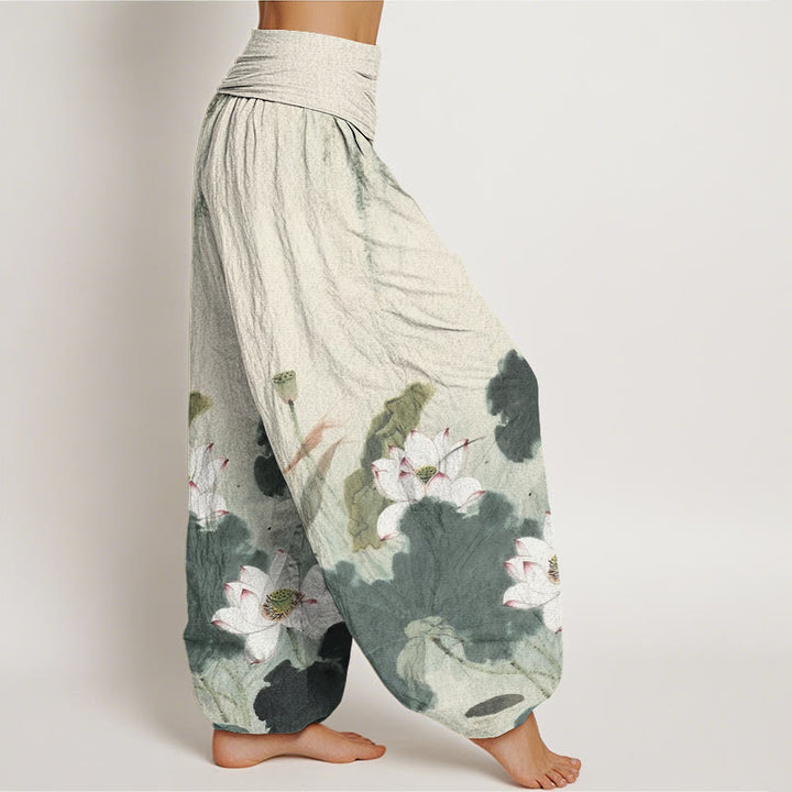Pantalones bombachos de cintura elástica para mujer, de algodón, estilo casual, con estampado de flores de loto y Buddha Stones. - image 1