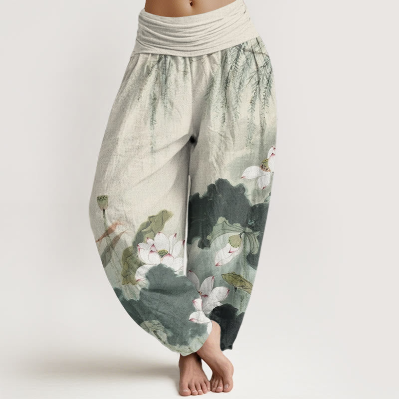 Pantalones bombachos de cintura elástica para mujer, de algodón, estilo casual, con estampado de flores de loto y Buddha Stones. - Verde mar oscuro - US22，UK/AU26，EU54 (6XL) - image 0