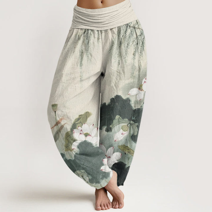 Pantalones bombachos de cintura elástica para mujer, de algodón, estilo casual, con estampado de flores de loto y Buddha Stones. - Verde mar oscuro - US22，UK/AU26，EU54 (6XL) - image 0