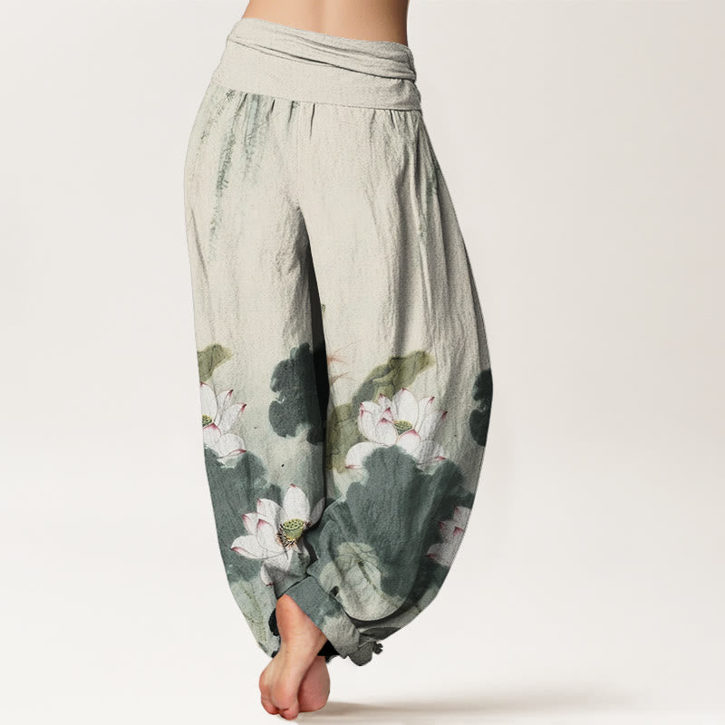 Pantalones bombachos de cintura elástica para mujer, de algodón, estilo casual, con estampado de flores de loto y Buddha Stones. - image 2