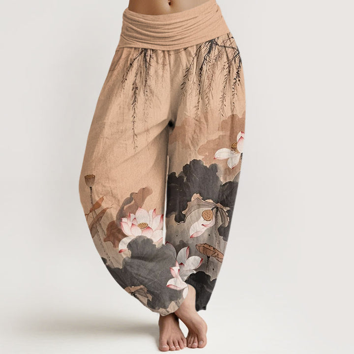 Pantalones bombachos de cintura elástica para mujer, de algodón, estilo casual, con estampado de flores de loto y Buddha Stones. - PeachPuff - US22，UK/AU26，EU54 (6XL) - image 4
