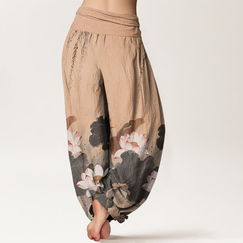 Pantalones bombachos de cintura elástica para mujer, de algodón, estilo casual, con estampado de flores de loto y Buddha Stones. - image 6