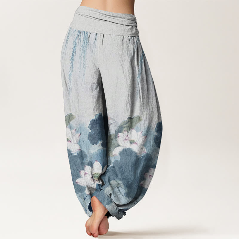 Pantalones bombachos de cintura elástica para mujer, de algodón, estilo casual, con estampado de flores de loto y Buddha Stones. - image 9