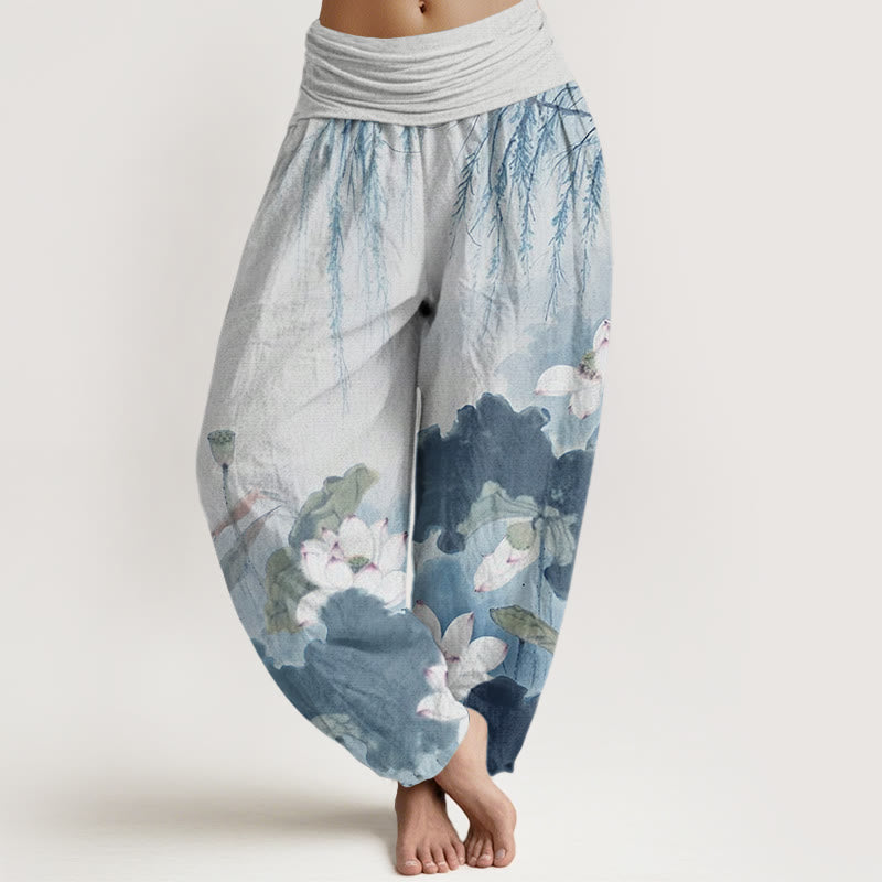 Pantalones bombachos de cintura elástica para mujer, de algodón, estilo casual, con estampado de flores de loto y Buddha Stones. - Celeste - US22，UK/AU26，EU54 (6XL) - image 7