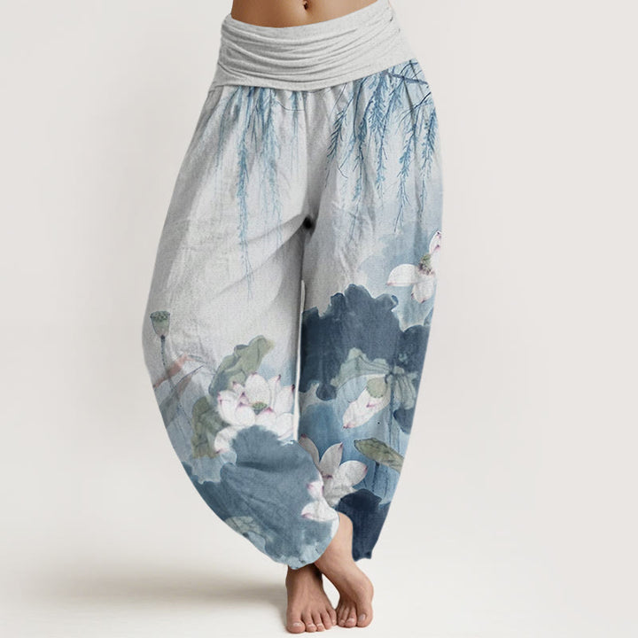 Pantalones bombachos de cintura elástica para mujer, de algodón, estilo casual, con estampado de flores de loto y Buddha Stones. - Celeste - US22，UK/AU26，EU54 (6XL) - image 7