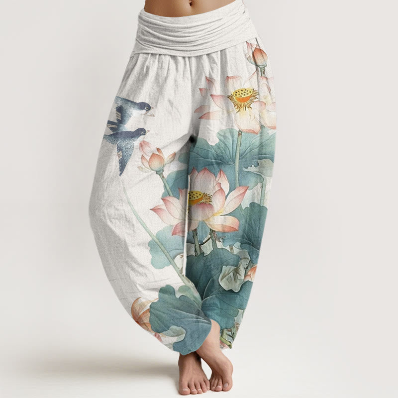 Pantalones bombachos de cintura elástica para mujer, de algodón, estilo informal veraniego, con estampado de estanque de Buddha Stones. - Nieve - US22，UK/AU26，EU54 (6XL) - image 0