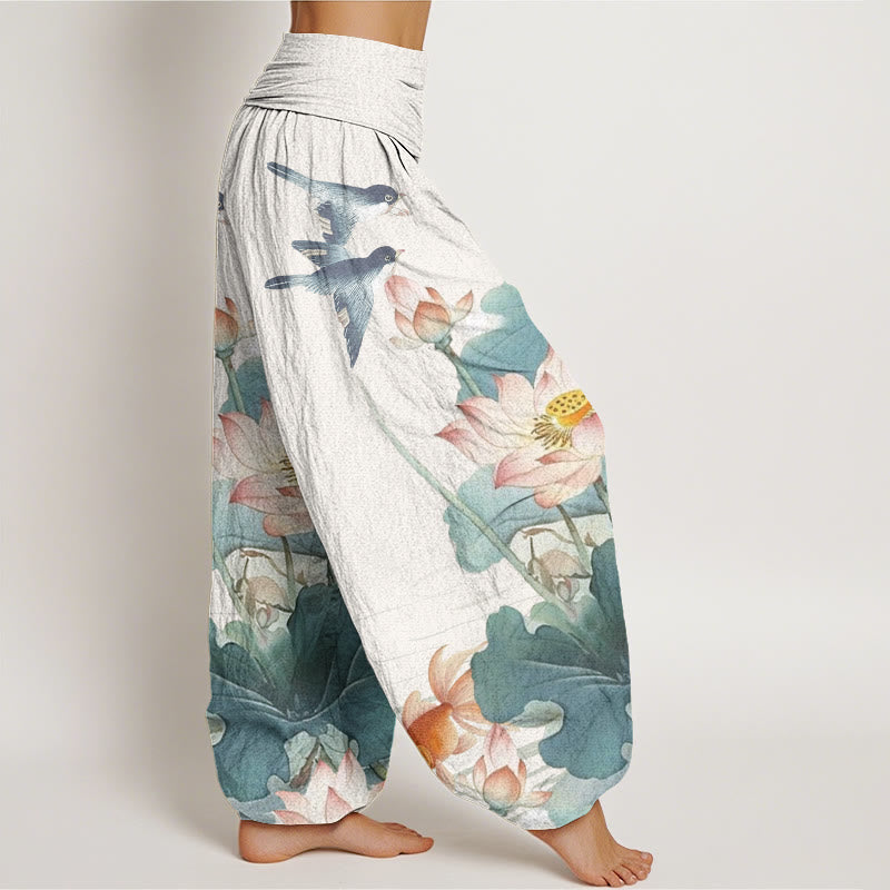 Pantalones bombachos de cintura elástica para mujer, de algodón, estilo informal veraniego, con estampado de estanque de Buddha Stones. - image 1