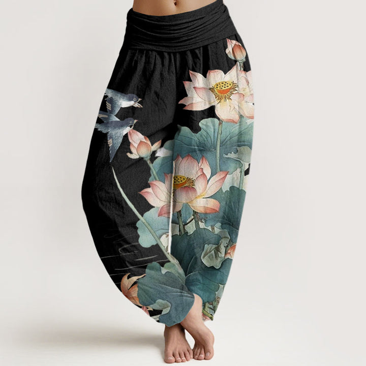 Pantalones bombachos de cintura elástica para mujer, de algodón, estilo informal veraniego, con estampado de estanque de Buddha Stones. - Negro - US22，UK/AU26，EU54 (6XL) - image 4