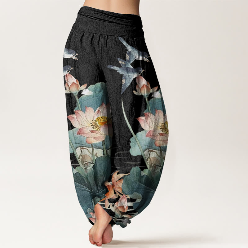 Pantalones bombachos de cintura elástica para mujer, de algodón, estilo informal veraniego, con estampado de estanque de Buddha Stones. - image 6