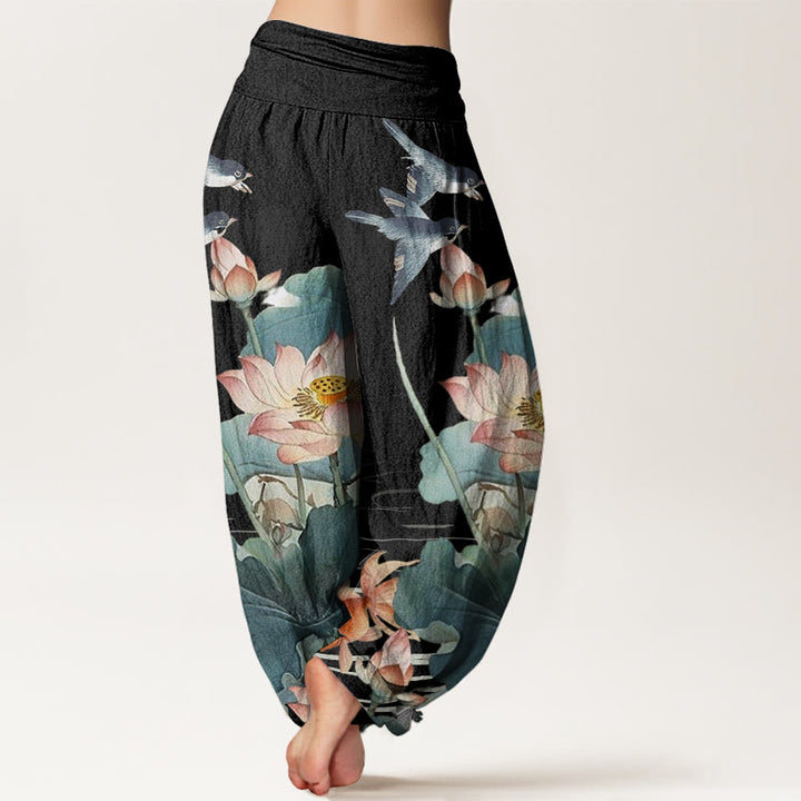 Pantalones bombachos de cintura elástica para mujer, de algodón, estilo informal veraniego, con estampado de estanque de Buddha Stones. - image 6