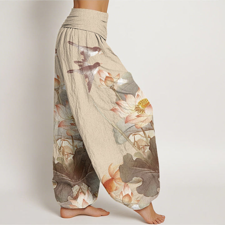 Pantalones bombachos de cintura elástica para mujer, de algodón, estilo informal veraniego, con estampado de estanque de Buddha Stones. - image 8