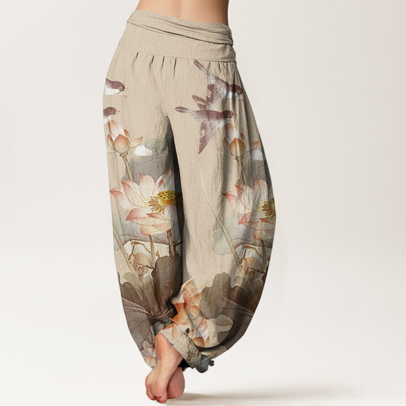 Pantalones bombachos de cintura elástica para mujer, de algodón, estilo informal veraniego, con estampado de estanque de Buddha Stones. - image 9
