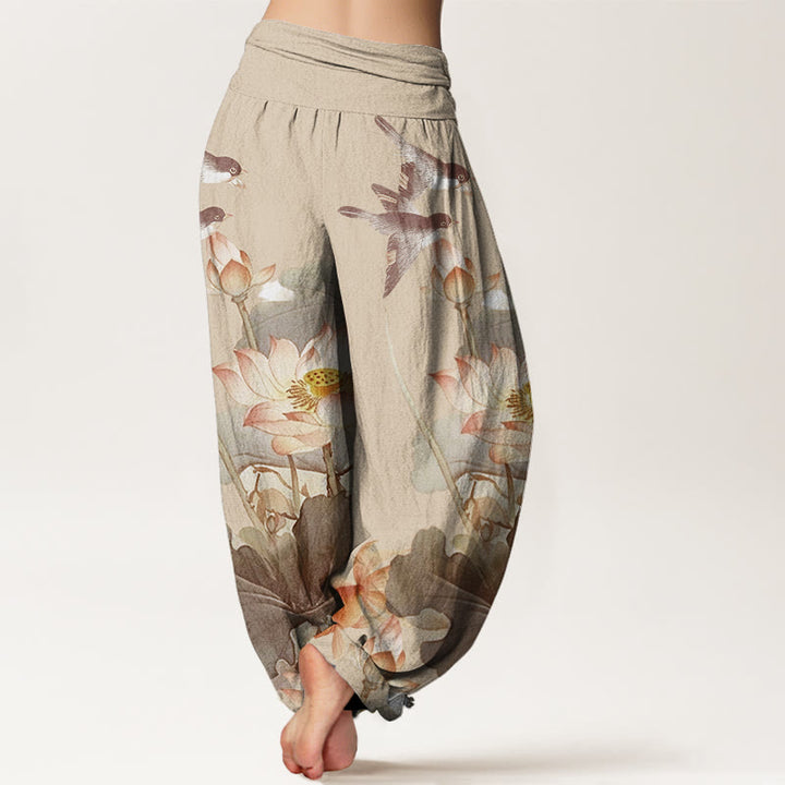 Pantalones bombachos de cintura elástica para mujer, de algodón, estilo informal veraniego, con estampado de estanque de Buddha Stones. - image 9