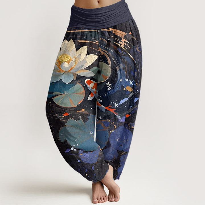 Pantalones bombachos de cintura elástica para mujer, de Buddha Stones, estilo informal veraniego, con estampado de peces koi y estanque de lotos. - Azul oscuro - US22，UK/AU26，EU54 (6XL) - image 0