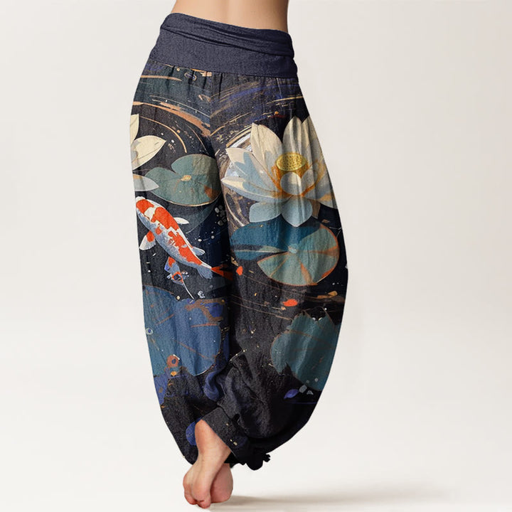 Pantalones bombachos de cintura elástica para mujer, de Buddha Stones, estilo informal veraniego, con estampado de peces koi y estanque de lotos. - image 2