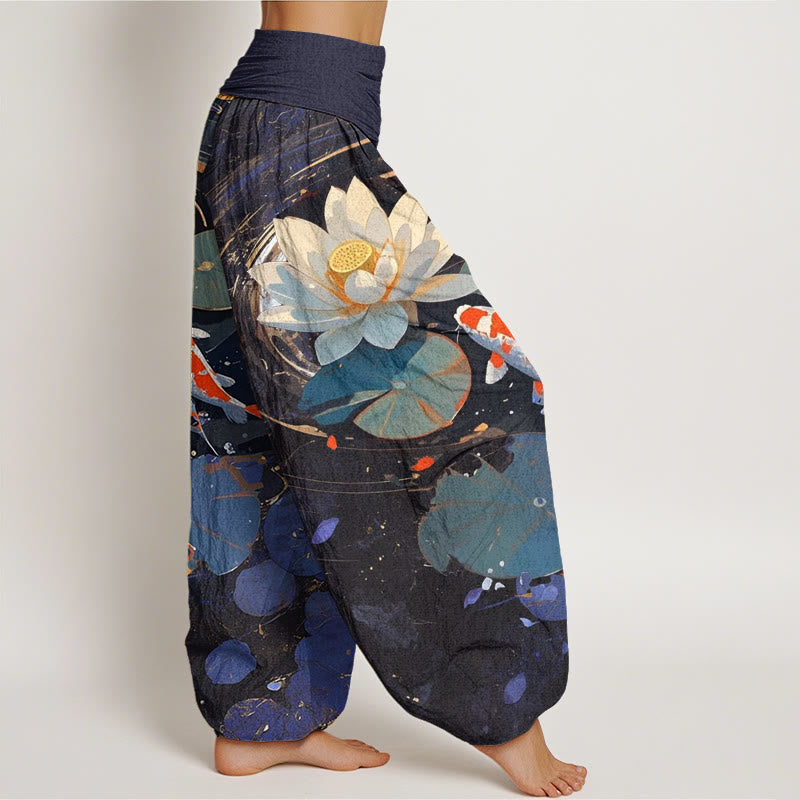 Pantalones bombachos de cintura elástica para mujer, de Buddha Stones, estilo informal veraniego, con estampado de peces koi y estanque de lotos. - image 1