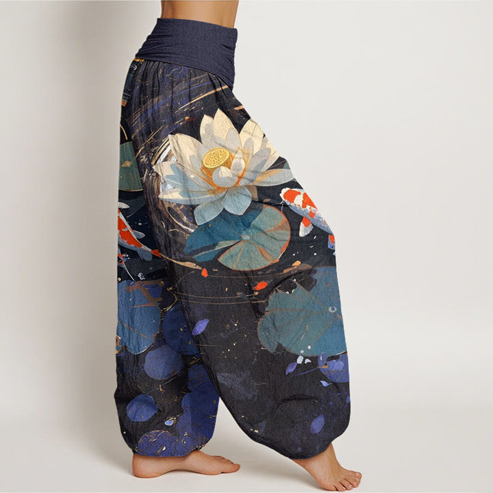 Pantalones bombachos de cintura elástica para mujer, de Buddha Stones, estilo informal veraniego, con estampado de peces koi y estanque de lotos. - image 1