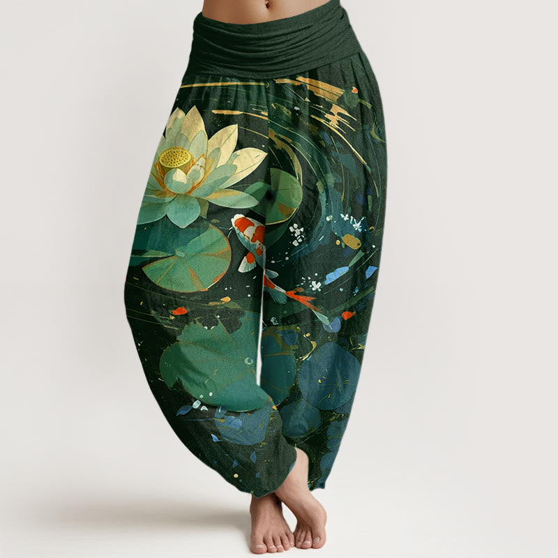 Pantalones bombachos de cintura elástica para mujer, de Buddha Stones, estilo informal veraniego, con estampado de peces koi y estanque de lotos. - Verde oscuro - US22，UK/AU26，EU54 (6XL) - image 4