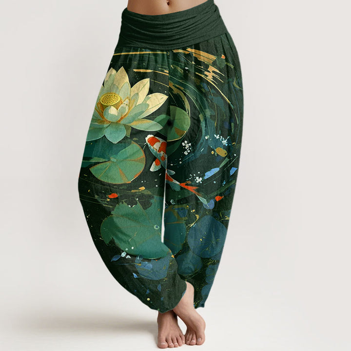 Pantalones bombachos de cintura elástica para mujer, de Buddha Stones, estilo informal veraniego, con estampado de peces koi y estanque de lotos. - Verde oscuro - US22，UK/AU26，EU54 (6XL) - image 4