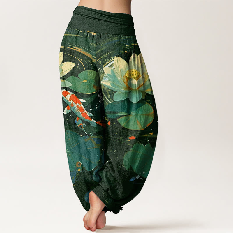 Pantalones bombachos de cintura elástica para mujer, de Buddha Stones, estilo informal veraniego, con estampado de peces koi y estanque de lotos. - image 6
