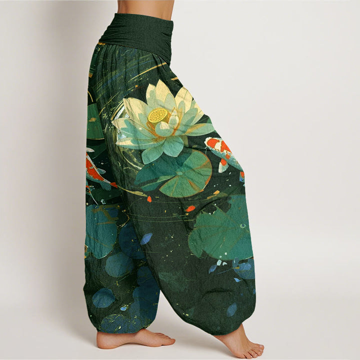 Pantalones bombachos de cintura elástica para mujer, de Buddha Stones, estilo informal veraniego, con estampado de peces koi y estanque de lotos. - image 5