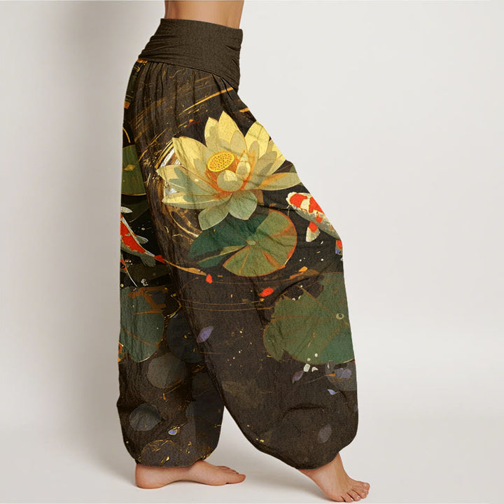 Pantalones bombachos de cintura elástica para mujer, de Buddha Stones, estilo informal veraniego, con estampado de peces koi y estanque de lotos. - image 8