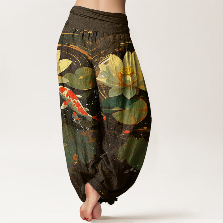 Pantalones bombachos de cintura elástica para mujer, de Buddha Stones, estilo informal veraniego, con estampado de peces koi y estanque de lotos. - image 9