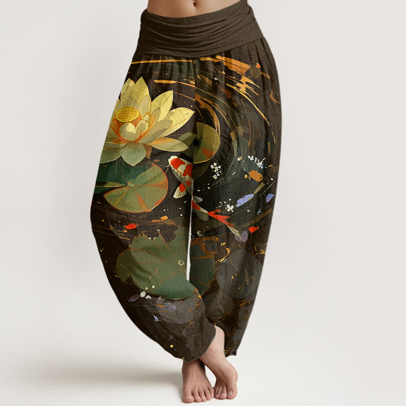 Pantalones bombachos de cintura elástica para mujer, de Buddha Stones, estilo informal veraniego, con estampado de peces koi y estanque de lotos. - Marrón silla de montar - US22，UK/AU26，EU54 (6XL) - image 7