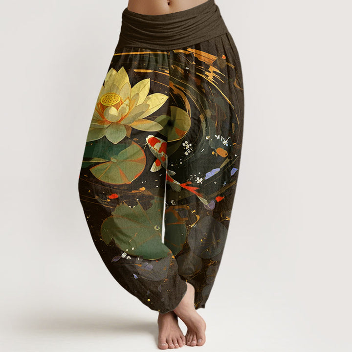 Pantalones bombachos de cintura elástica para mujer, de Buddha Stones, estilo informal veraniego, con estampado de peces koi y estanque de lotos. - Marrón silla de montar - US22，UK/AU26，EU54 (6XL) - image 7