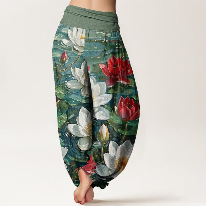Pantalones bombachos de cintura elástica para mujer, de algodón, estilo casual, con estampado de flor de loto roja en flor y Buddha Stones. - image 2